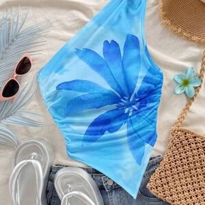 Blue Floral Asymmetrical Top